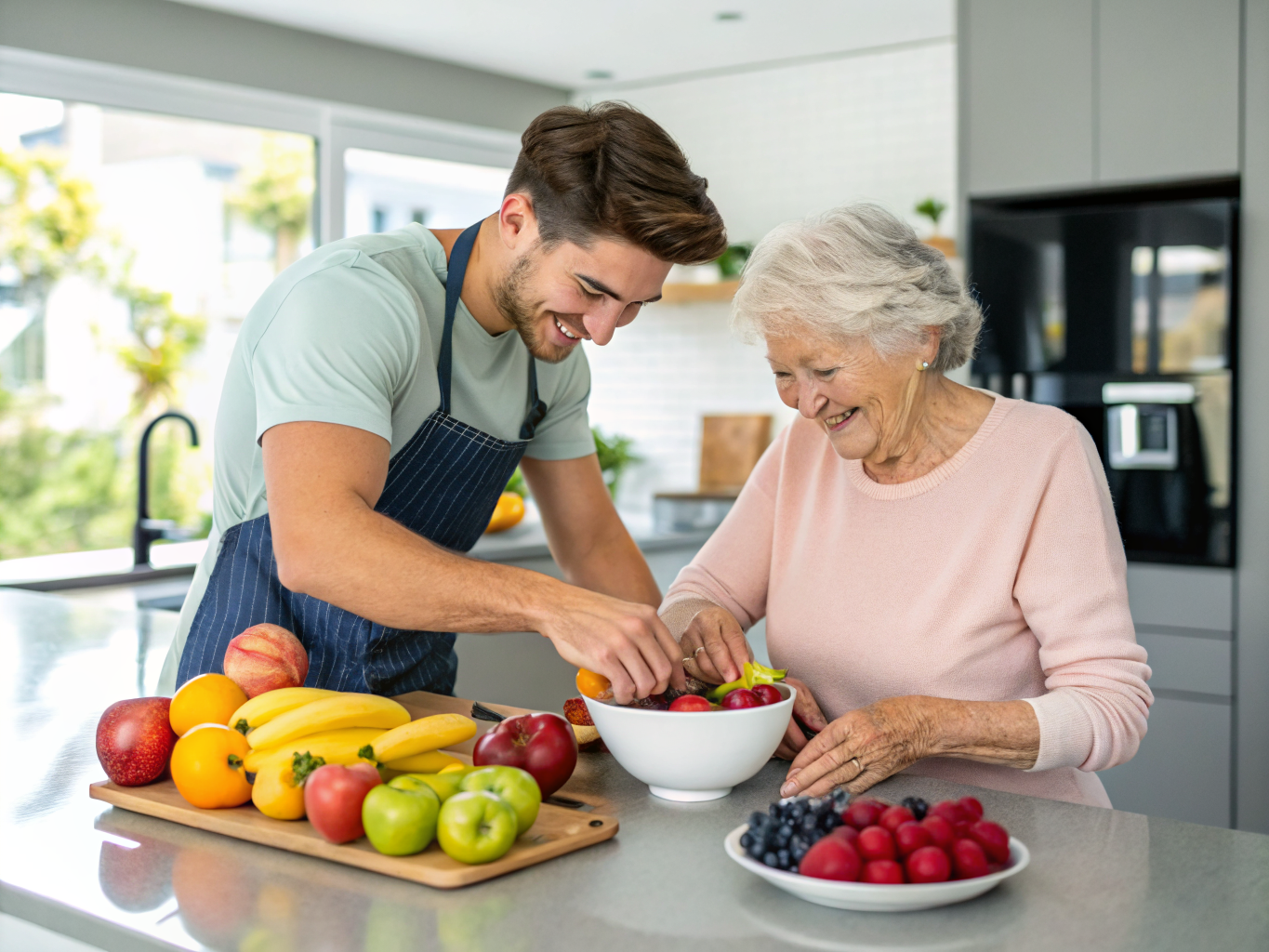 24-hour care at home in Morris County NJ — caregiver preparing healthy food with senior near Morristown