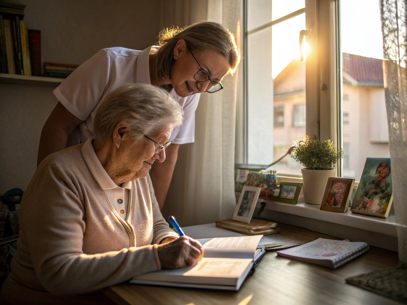 24-hour care at home in Somerset County NJ — caregiver helping senior write in journal near Basking Ridge