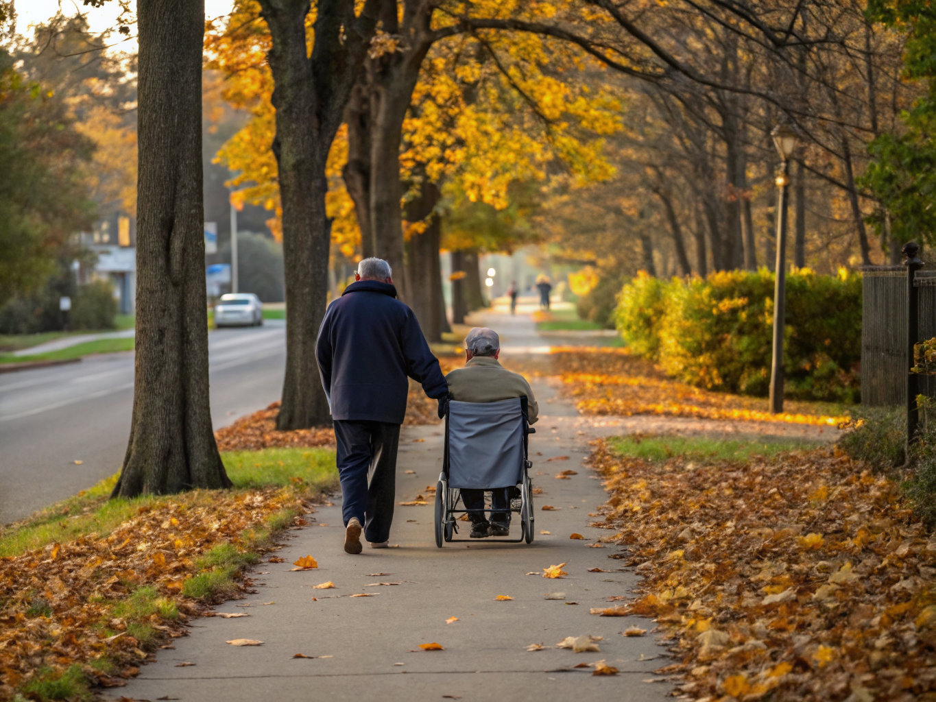 24-hour care at home in Union County NJ — caregiver taking senior for wheelchair walk in autumn near Westfield