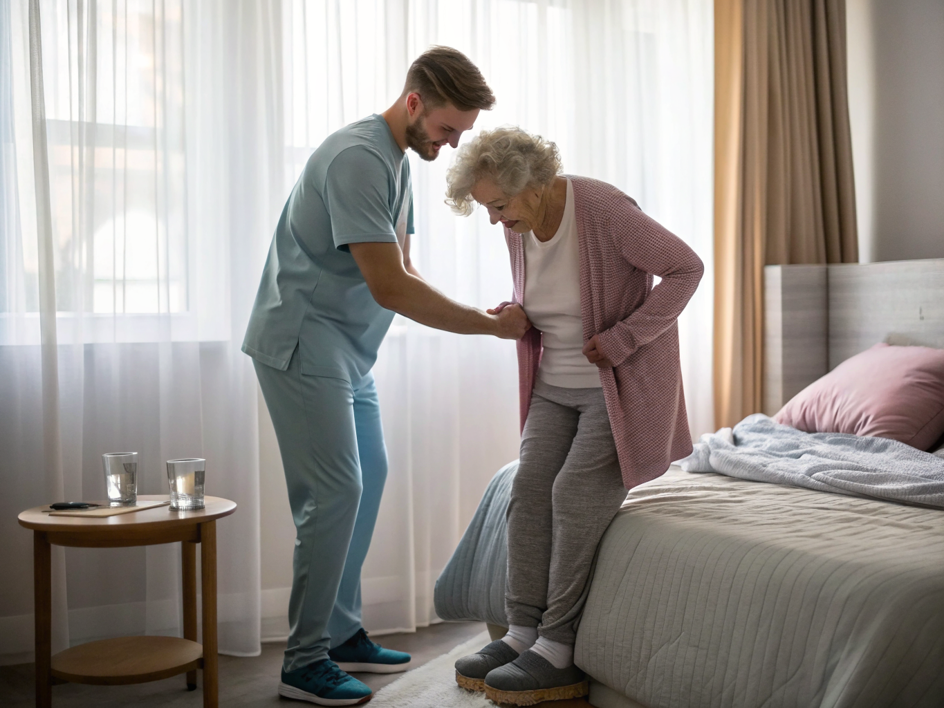 24-hour home care in Essex County NJ — caregiver helping senior safely out of bed in morning near Livingston
