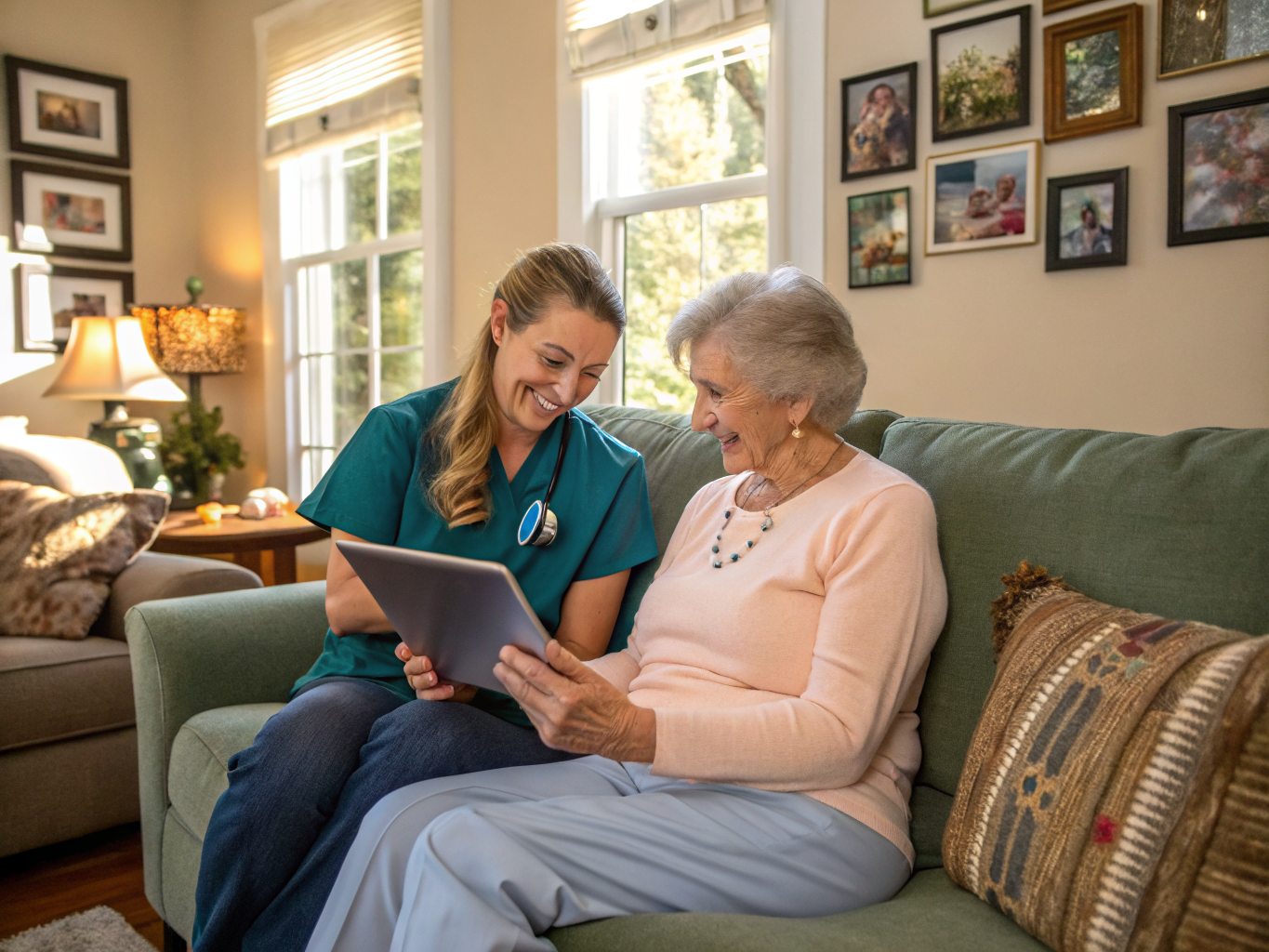 24-hour home care in Middlesex County NJ — caregiver and senior using tablet together for engagement near Edison