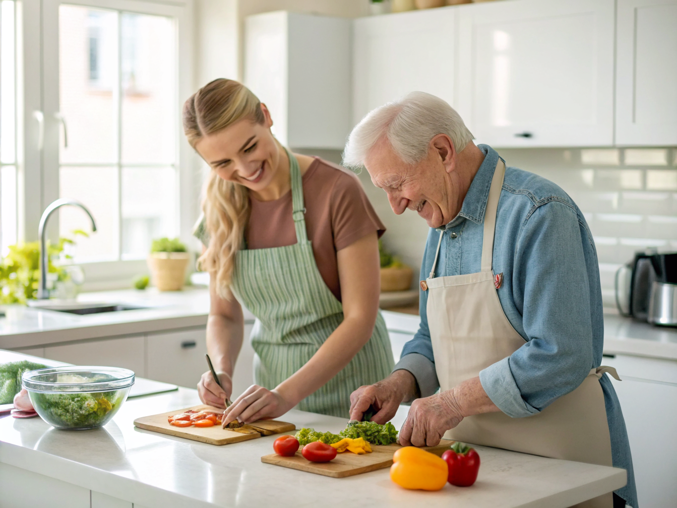 24-hour home care in Morris County NJ — caregiver and senior cooking together at kitchen counter near Morristown
