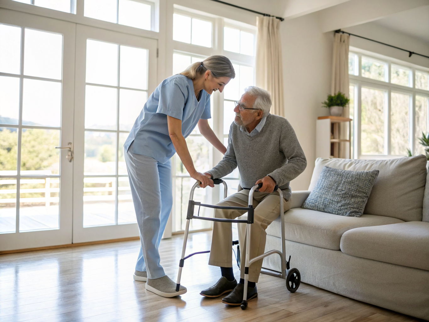 24-hour home care in Somerset County NJ — caregiver helping senior practice standing with walker near Basking Ridge