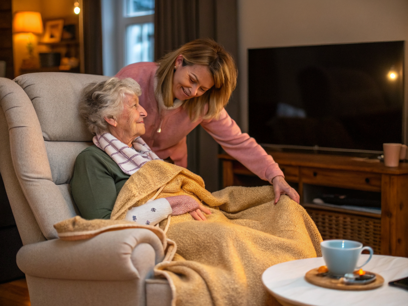 24-hour home care in Union County NJ — caregiver tucking in senior with warm blanket in evening near Westfield