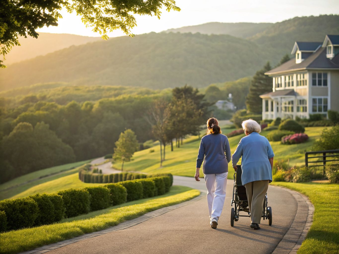 Home health aide walking with a senior resident in Bedminster NJ Somerset County