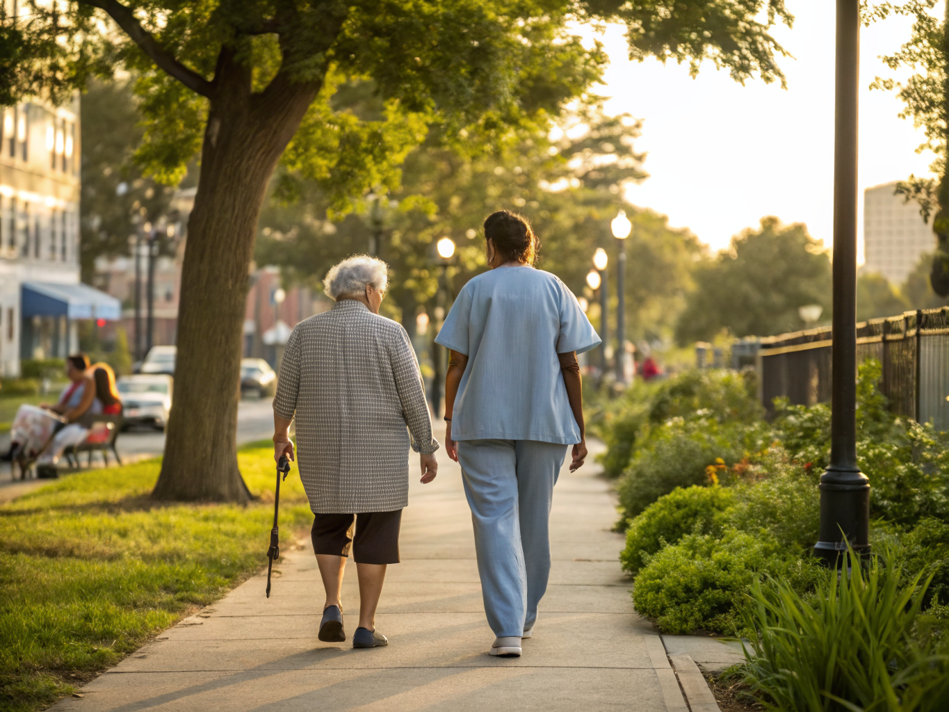 Home health aide walking with a senior resident in Belleville NJ Essex County