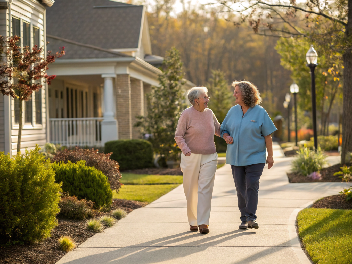Home health aide walking with a senior resident in Berkeley Township/Bayville NJ Ocean County