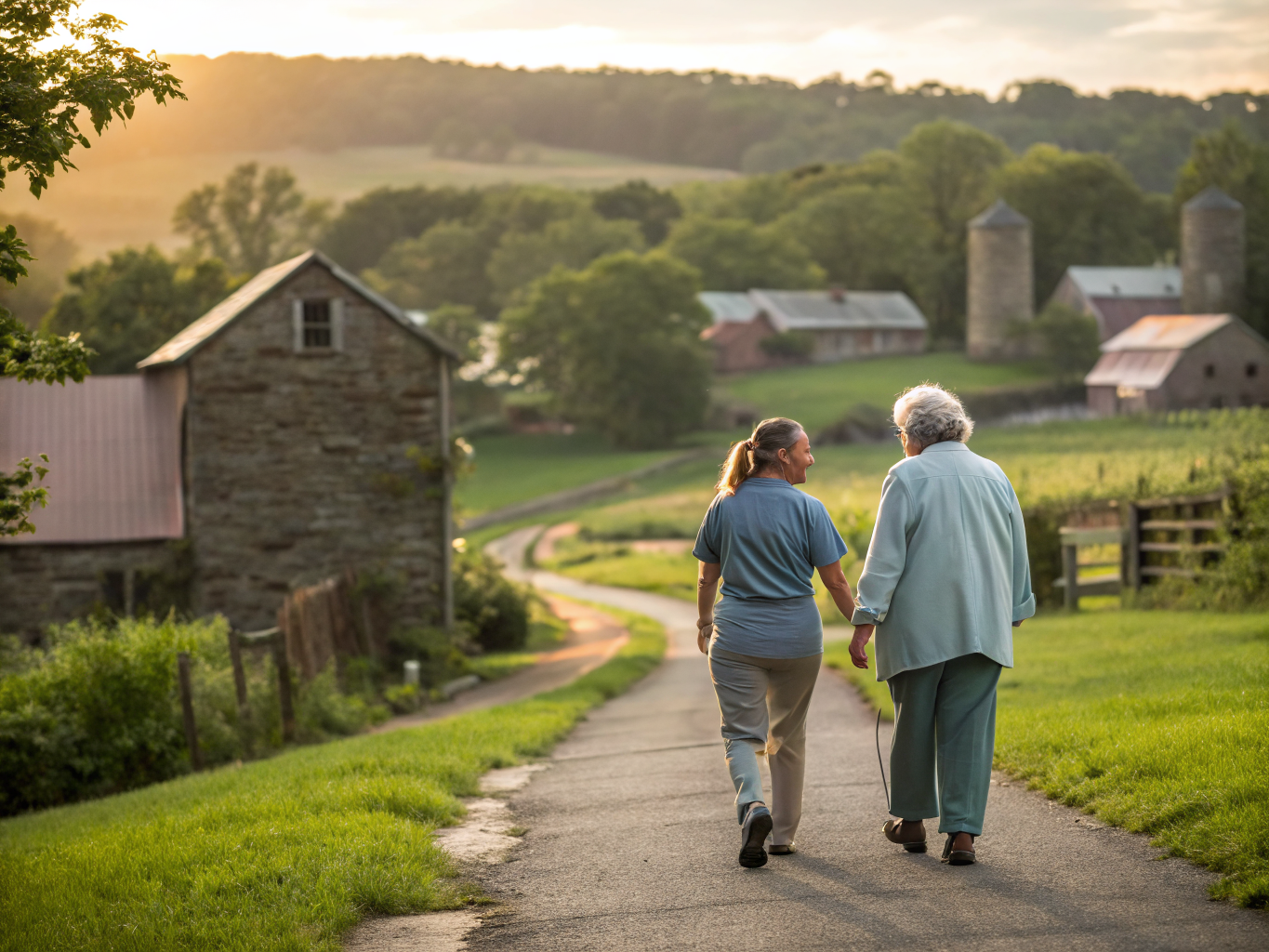 Home health aide walking with a senior resident in Bethlehem Township NJ Hunterdon County