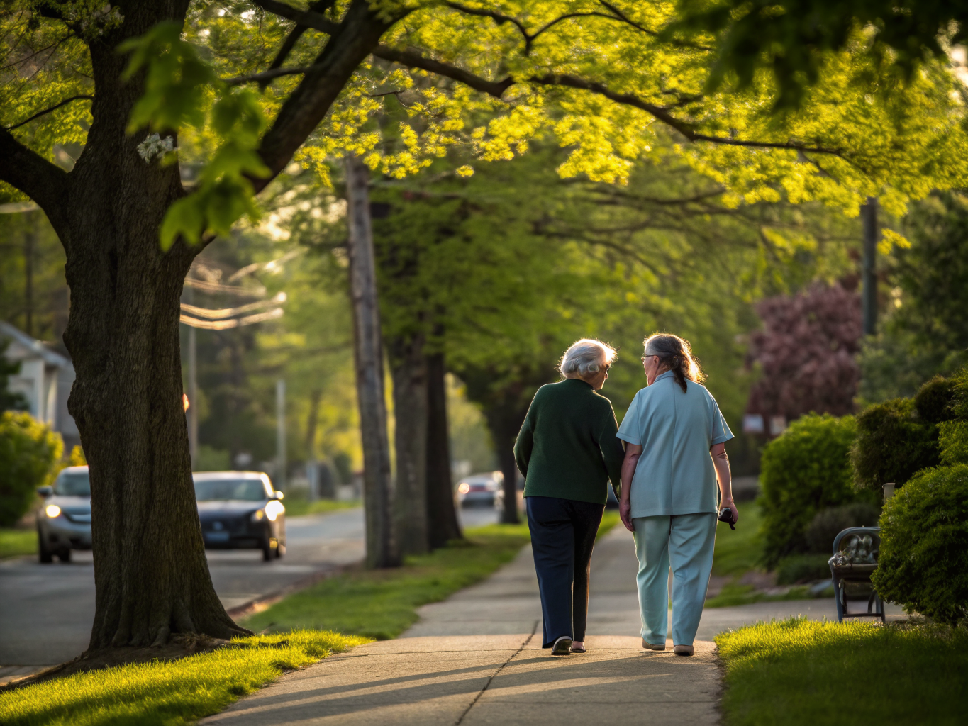 Home health aide walking with a senior resident in Bloomfield NJ Essex County