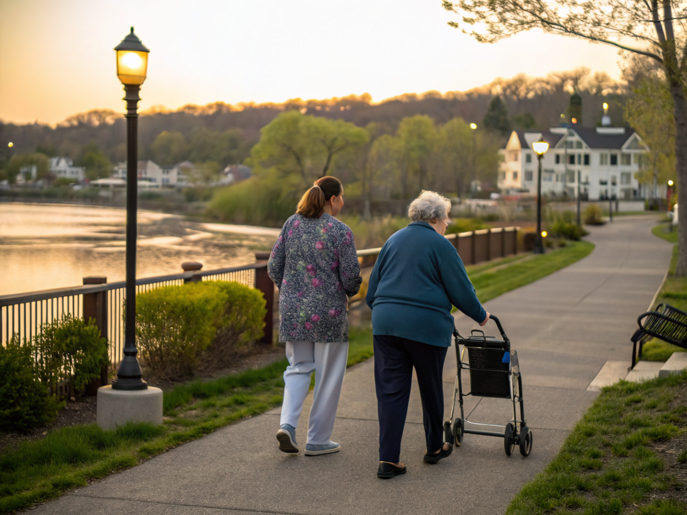 Home health aide walking with a senior resident in Bound Brook NJ Somerset County