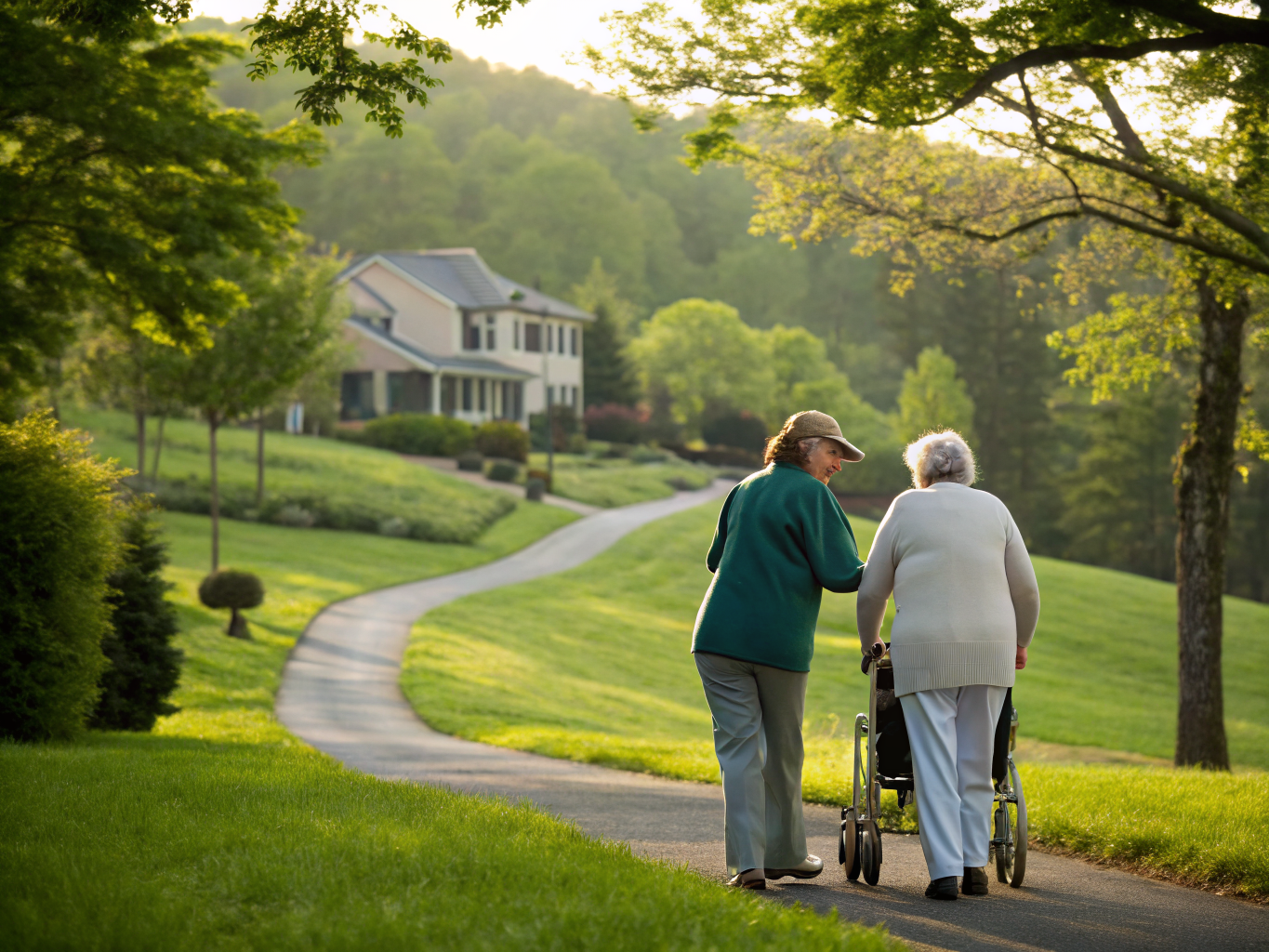 Home health aide walking with a senior resident in Branchburg NJ Somerset County