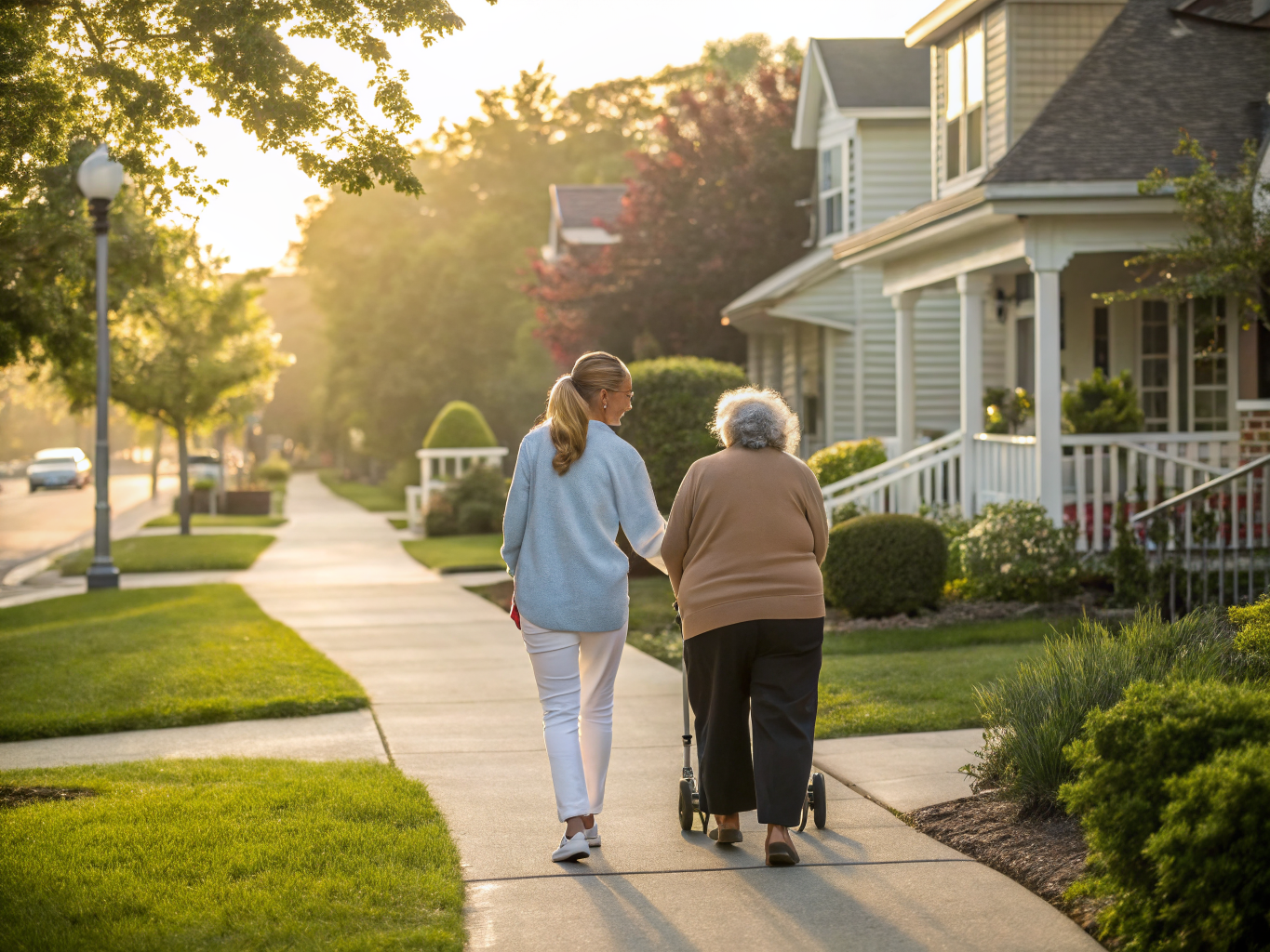 Home health aide walking with a senior resident in Brick NJ Ocean County