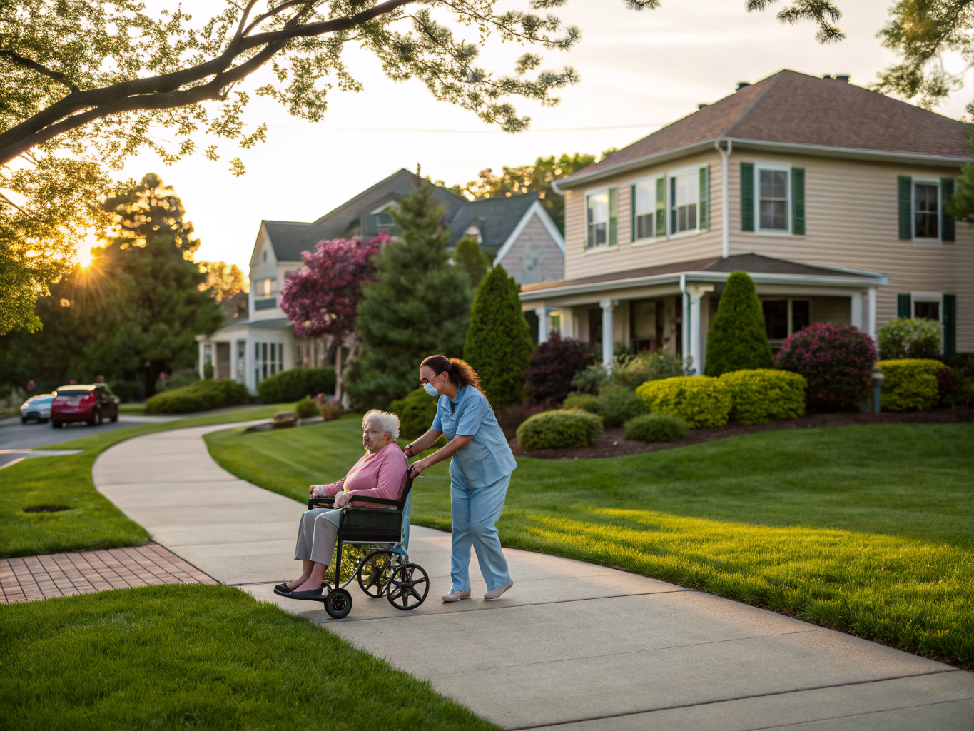 Home health aide walking with a senior resident in Bridgewater NJ Somerset County