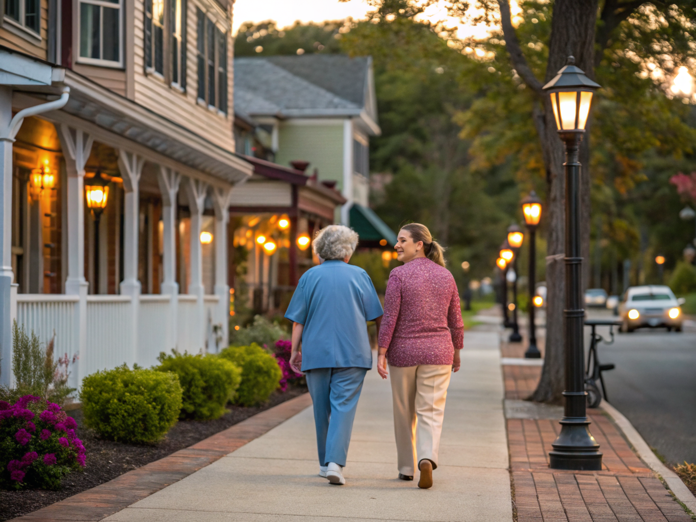 Home health aide walking with a senior resident in Caldwell/North Caldwell NJ Essex County