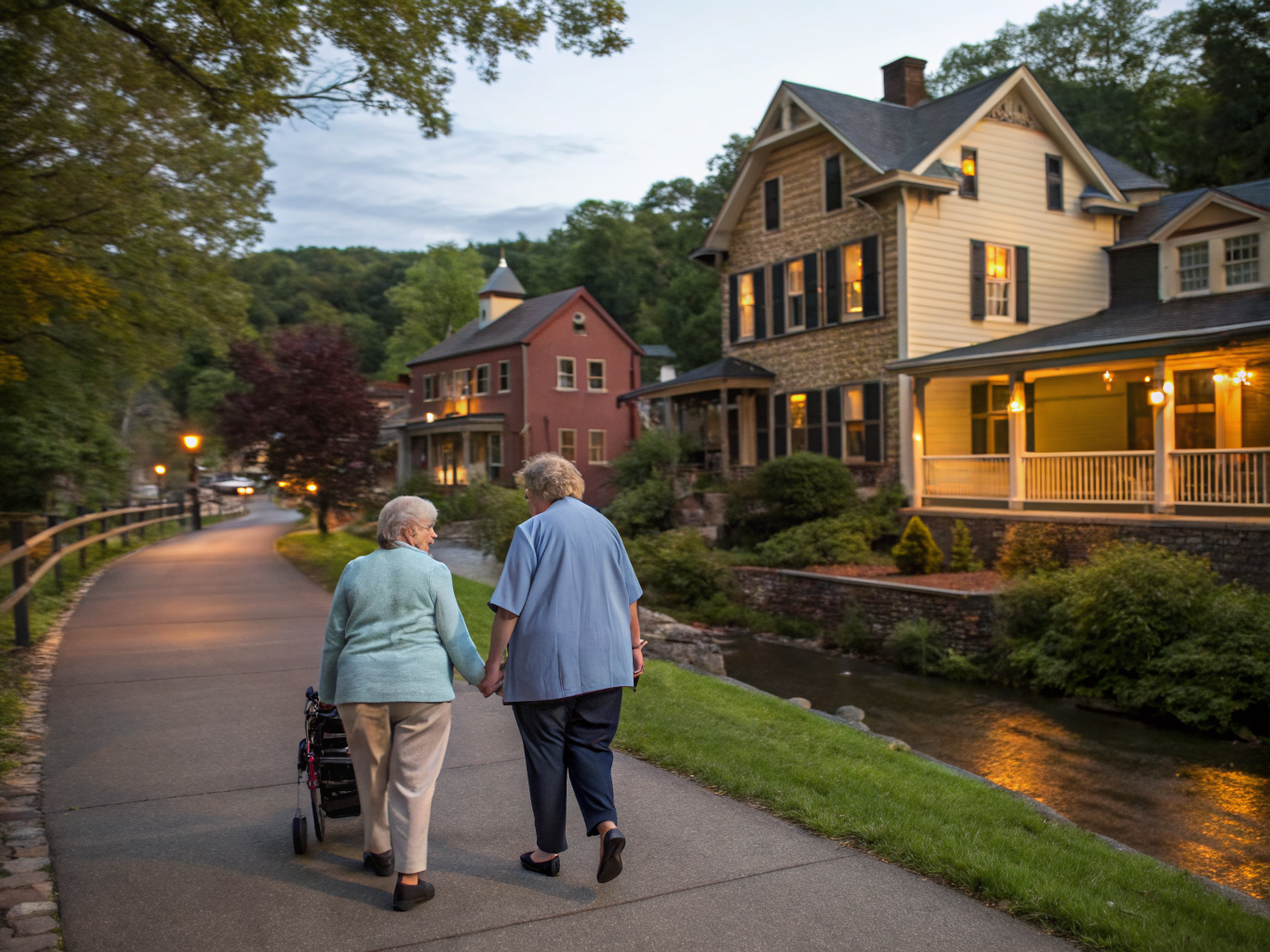 Home health aide walking with a senior resident in Califon NJ Hunterdon County