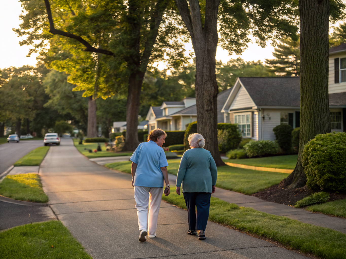 Home health aide walking with a senior resident in Cedar Grove NJ Essex County