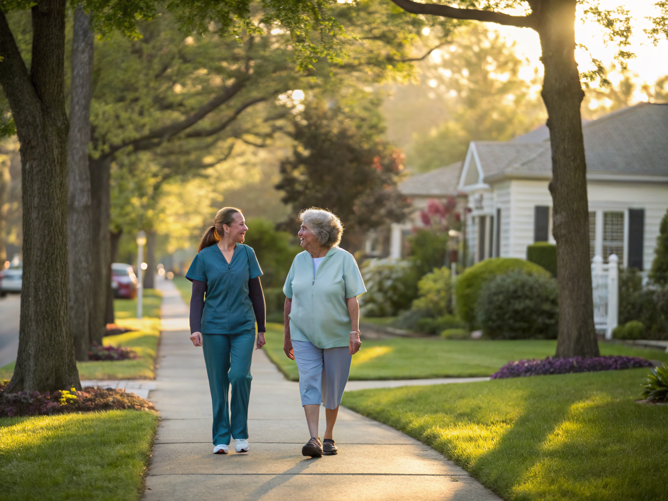 Home health aide walking with a senior resident in Clark NJ Union County