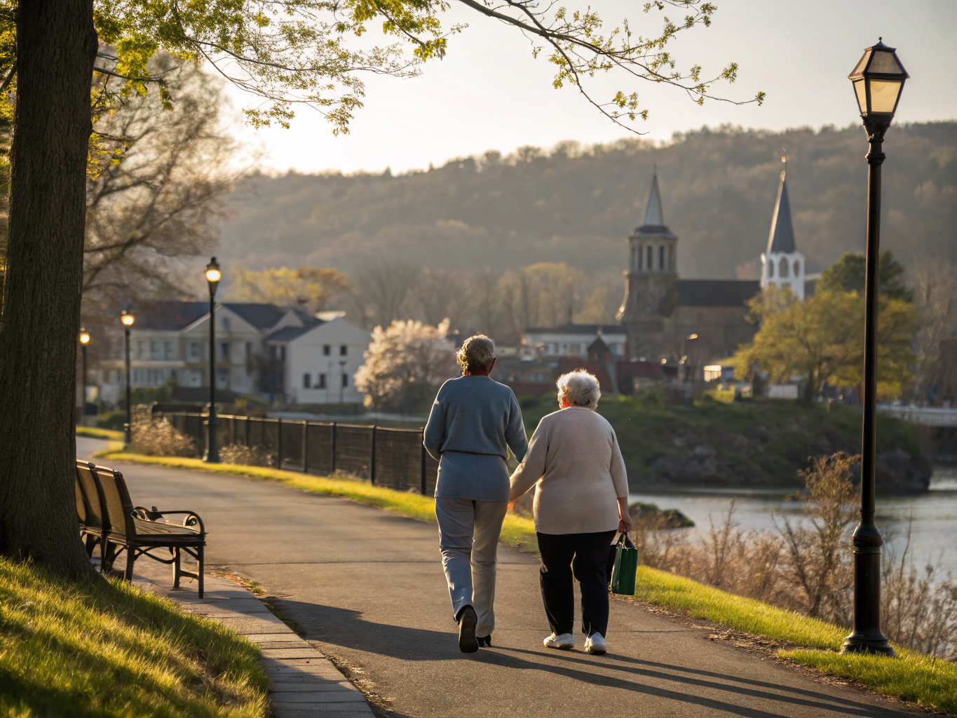 Home health aide walking with a senior resident in Clinton NJ Hunterdon County