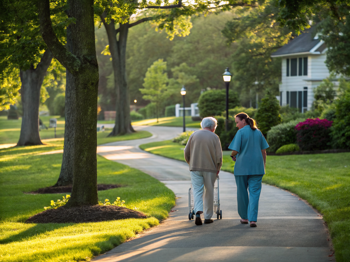 Home health aide walking with a senior resident in Cranford NJ Union County
