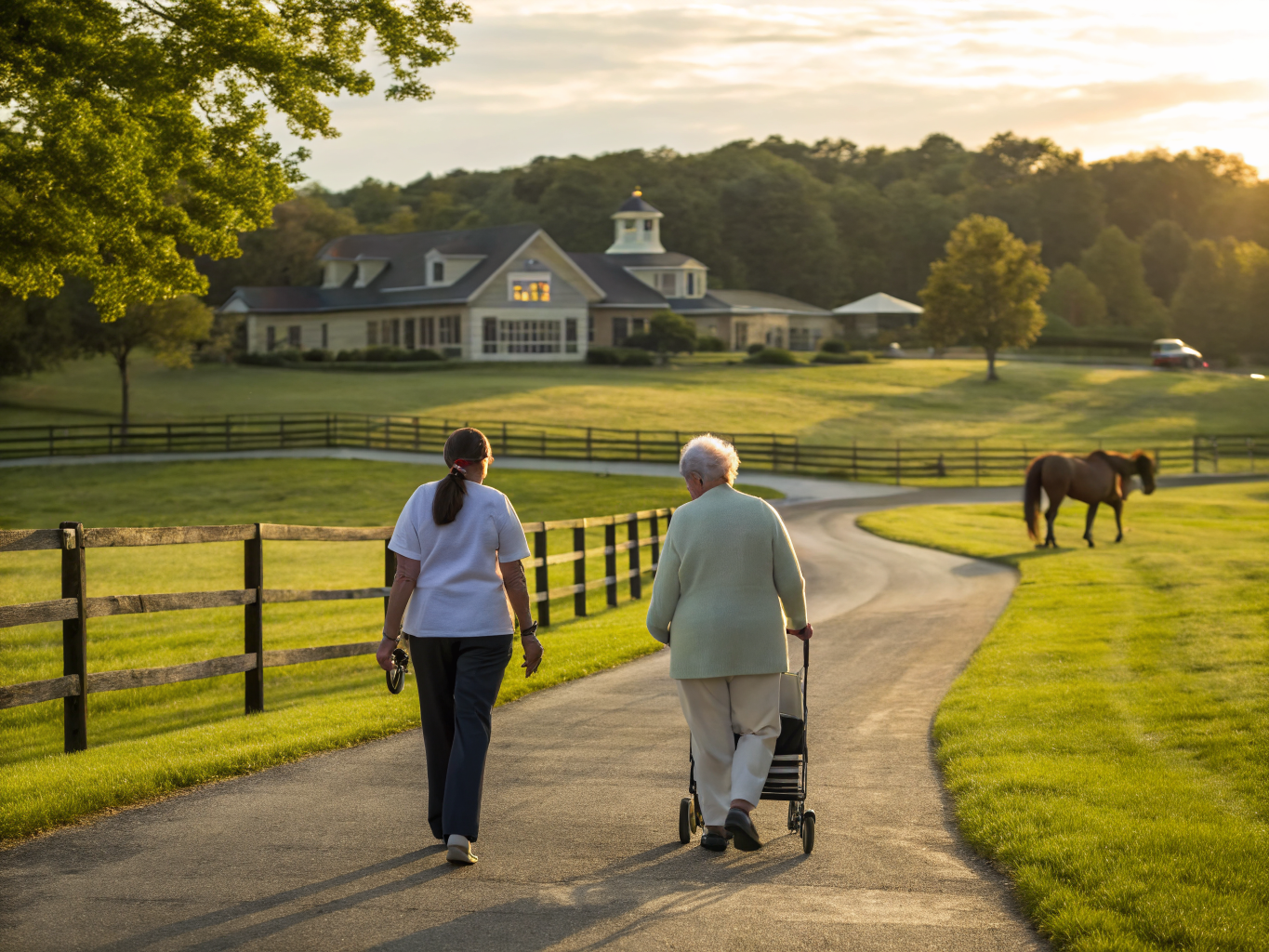 Home health aide walking with a senior resident in Delaware Township NJ Hunterdon County