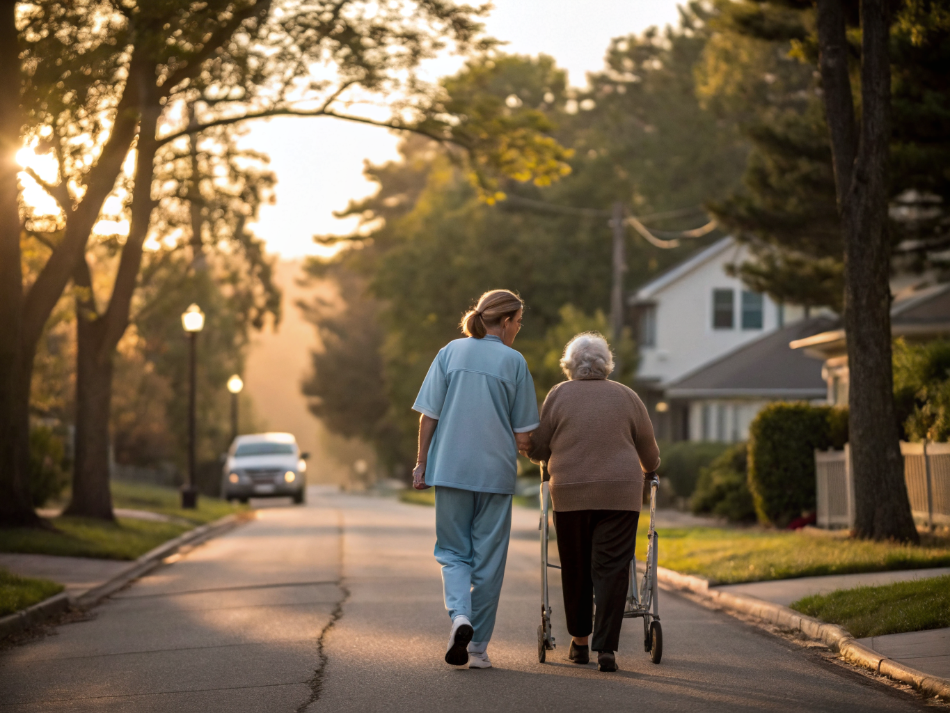 Home health aide walking with a senior resident in East Windsor NJ Mercer County