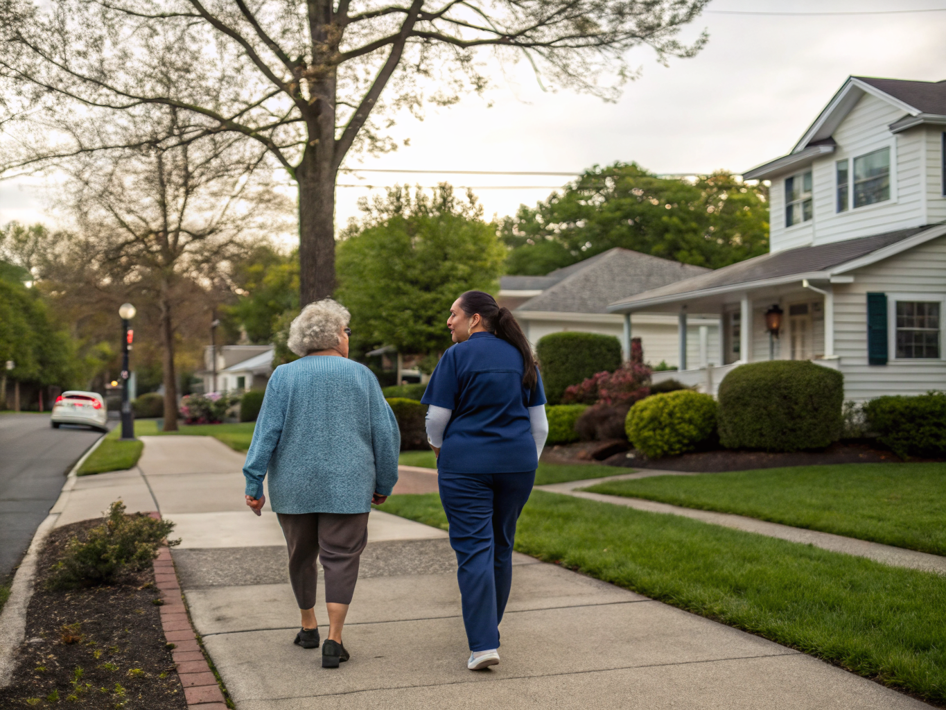 Home health aide walking with a senior resident in Edison NJ Middlesex County