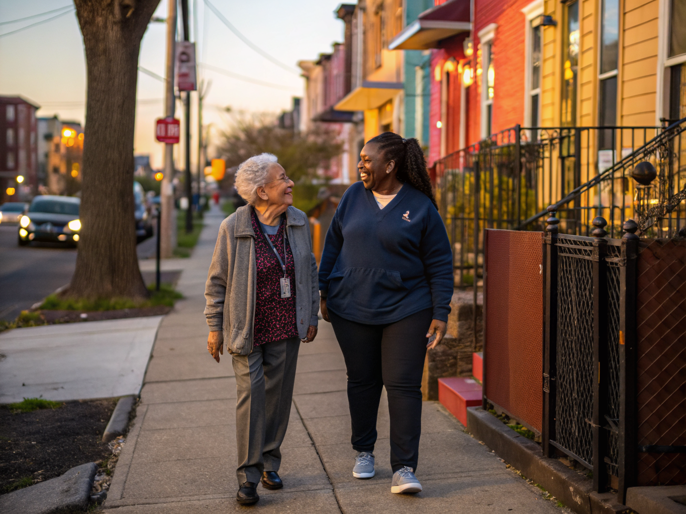 Home health aide walking with a senior resident in Elizabeth NJ Union County