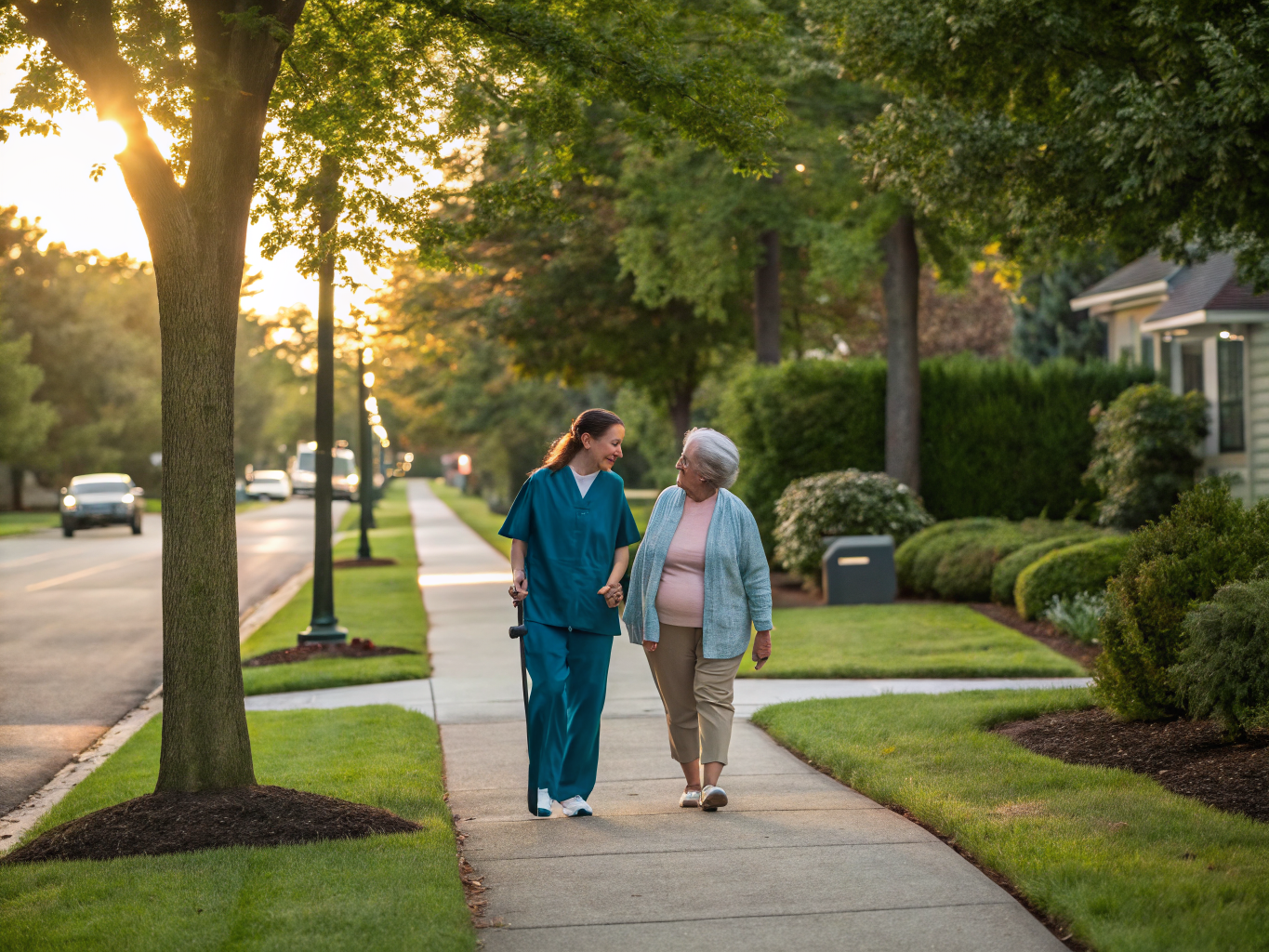 Home health aide walking with a senior resident in Ewing Township NJ Mercer County