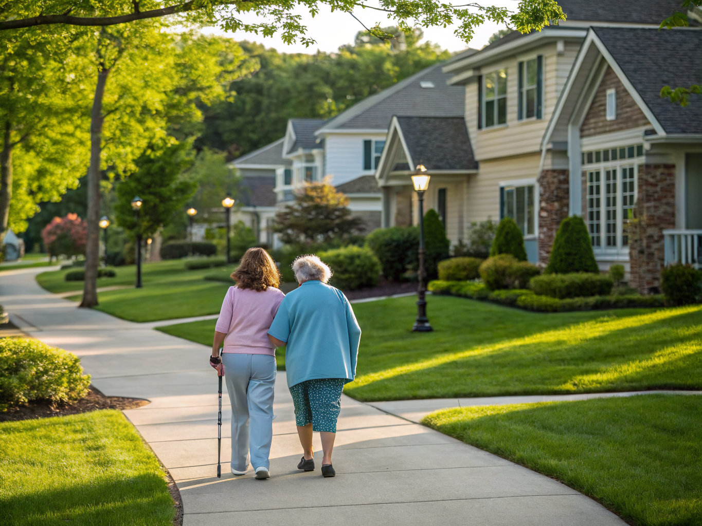 Home health aide walking with a senior resident in Fairfield NJ Essex County