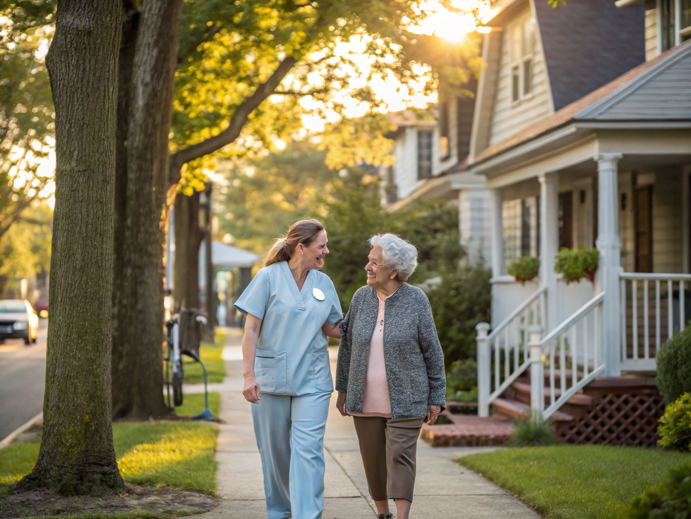 Home health aide walking with a senior resident in Fanwood NJ Union County