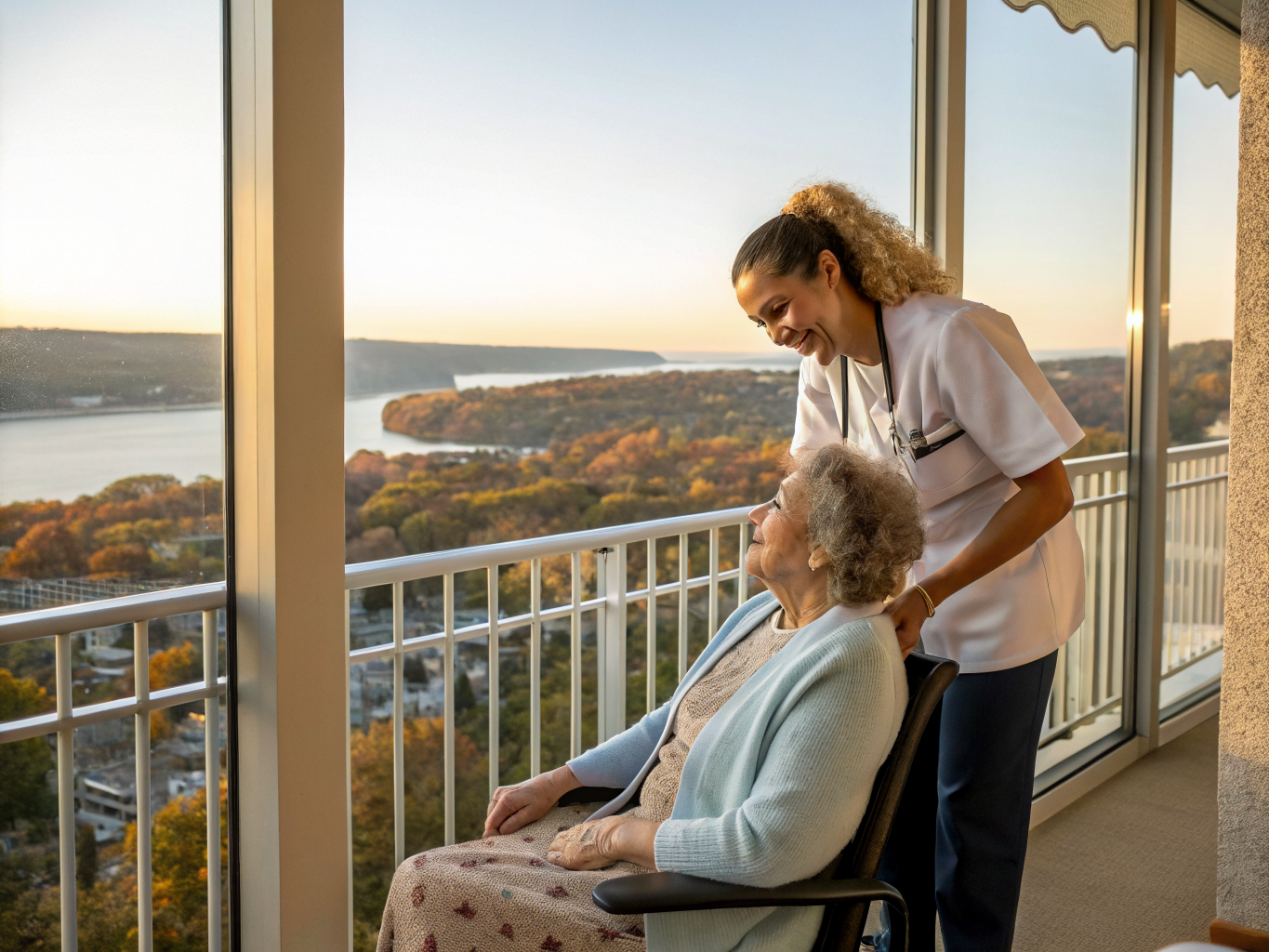 Home health aide assisting a senior resident in Fort Lee NJ Bergen County