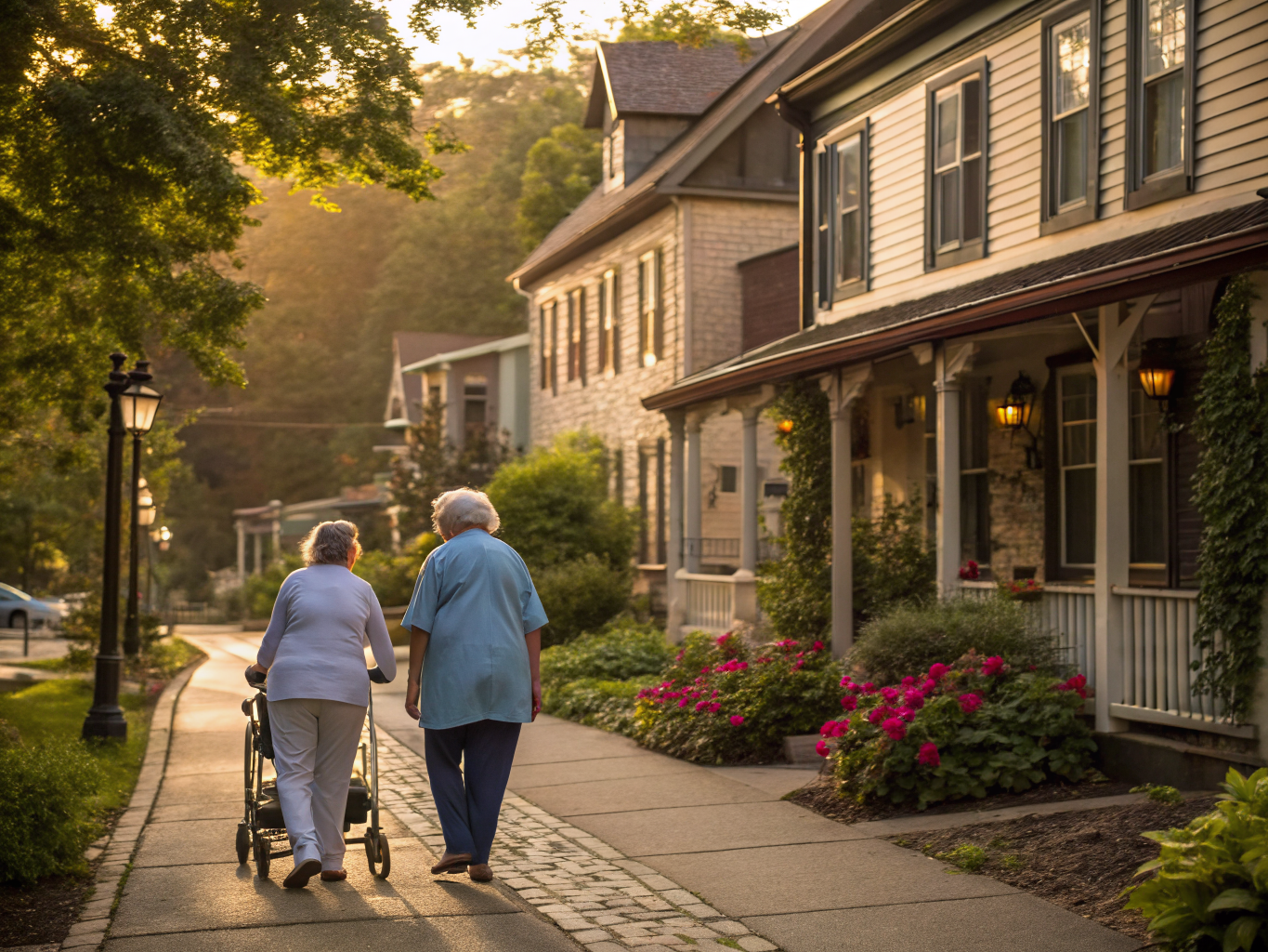 Home health aide walking with a senior resident in Frenchtown NJ Hunterdon County