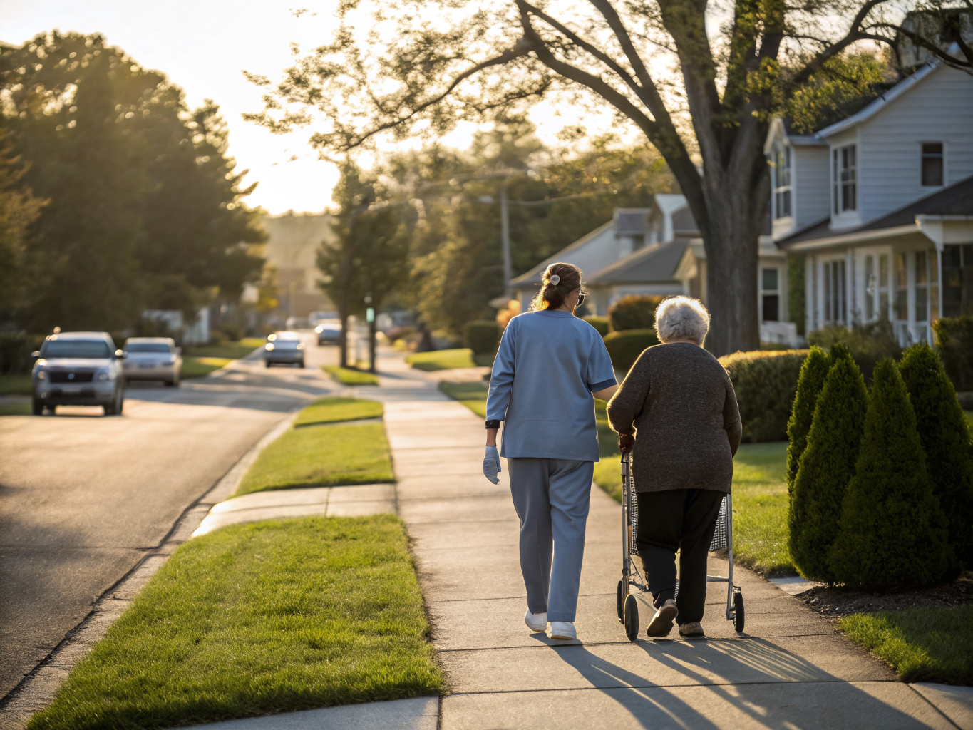 Home health aide walking with a senior resident in Garwood NJ Union County