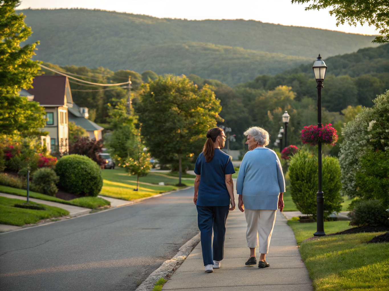 Home health aide walking with a senior resident in Glen Gardner NJ Hunterdon County
