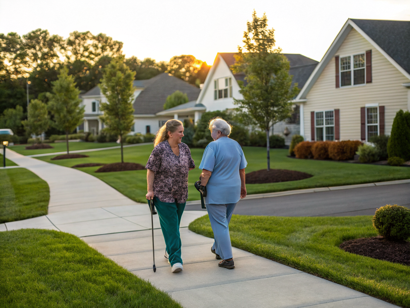 Home health aide walking with a senior resident in Hamilton Township NJ Mercer County