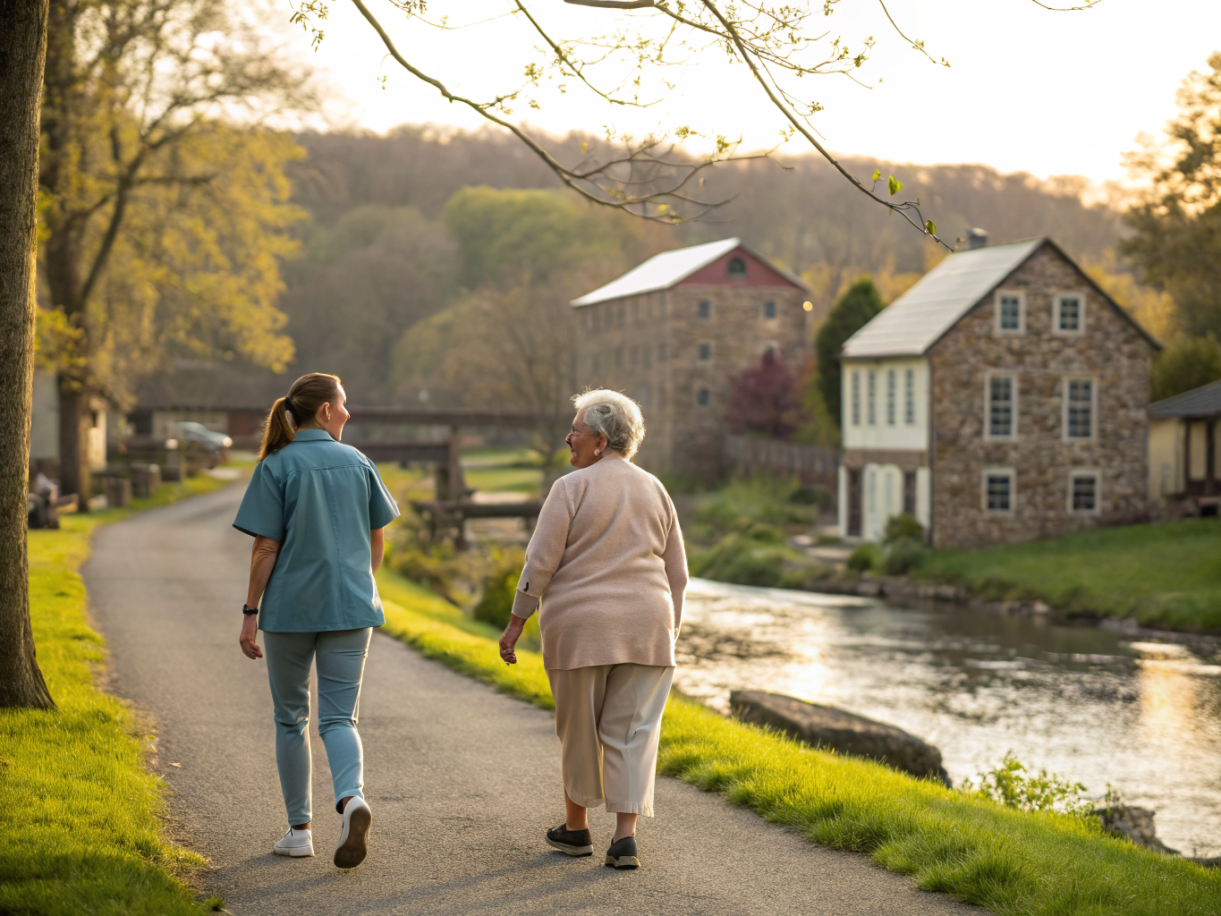 Home health aide walking with a senior resident in Hampton NJ Hunterdon County