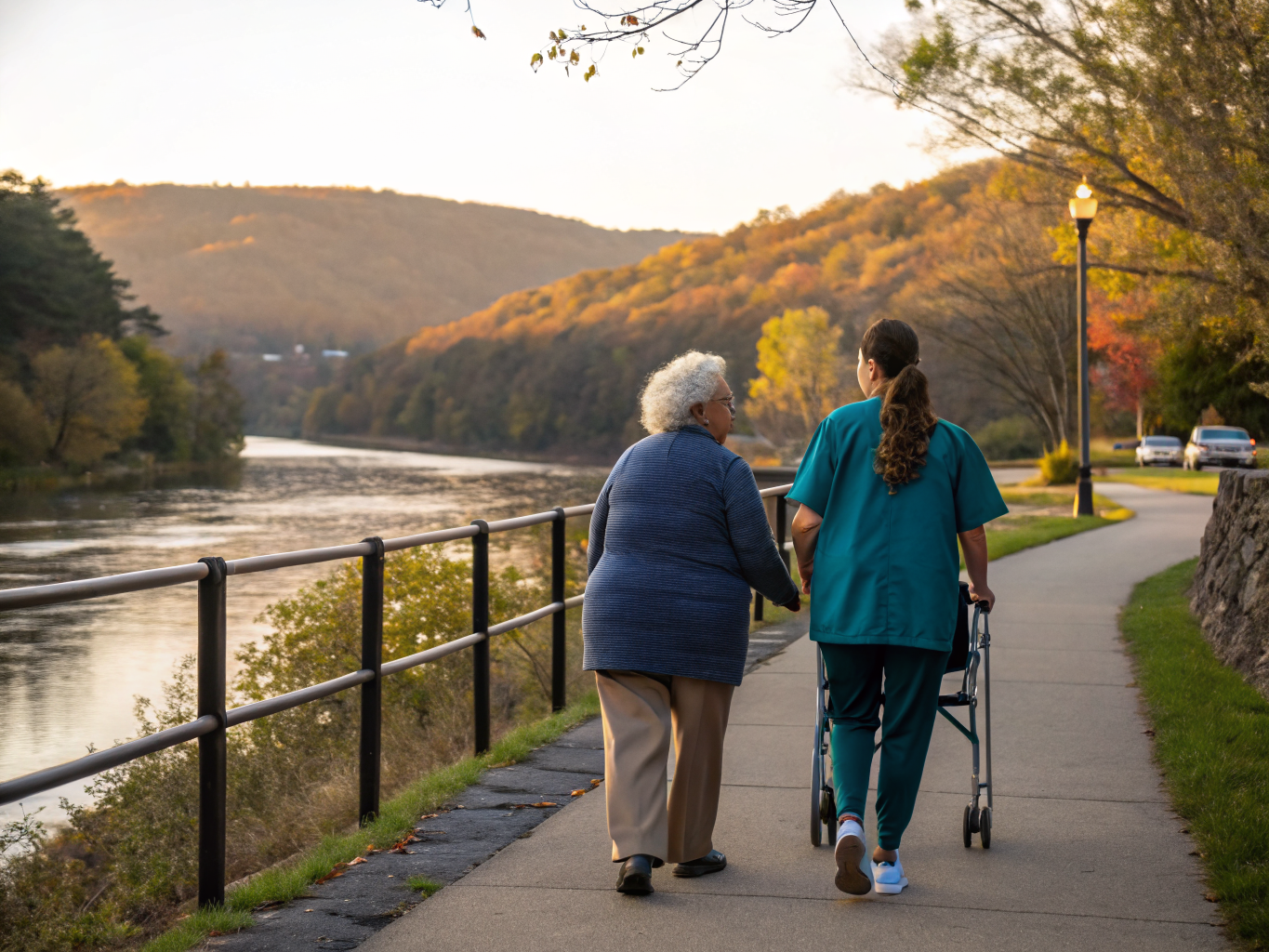 Home health aide walking with a senior resident in High Bridge NJ Hunterdon County