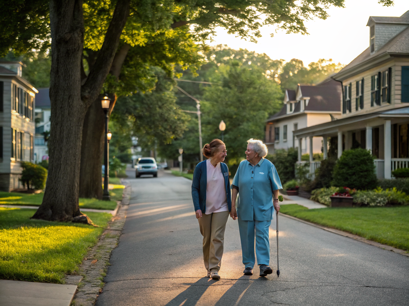 Home health aide walking with a senior resident in Hightstown NJ Mercer County