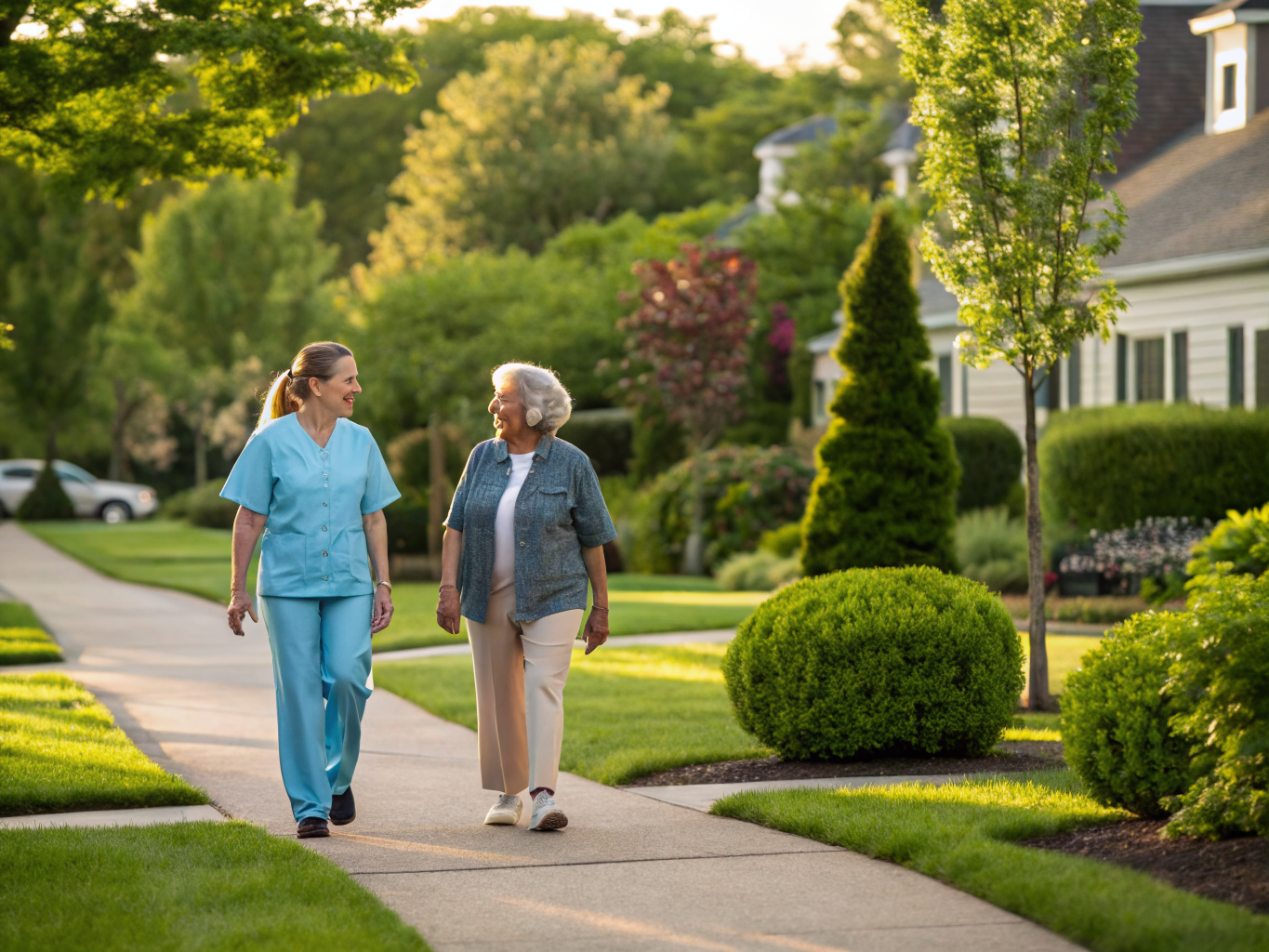 Home health aide walking with a senior resident in Hillsborough NJ Somerset County
