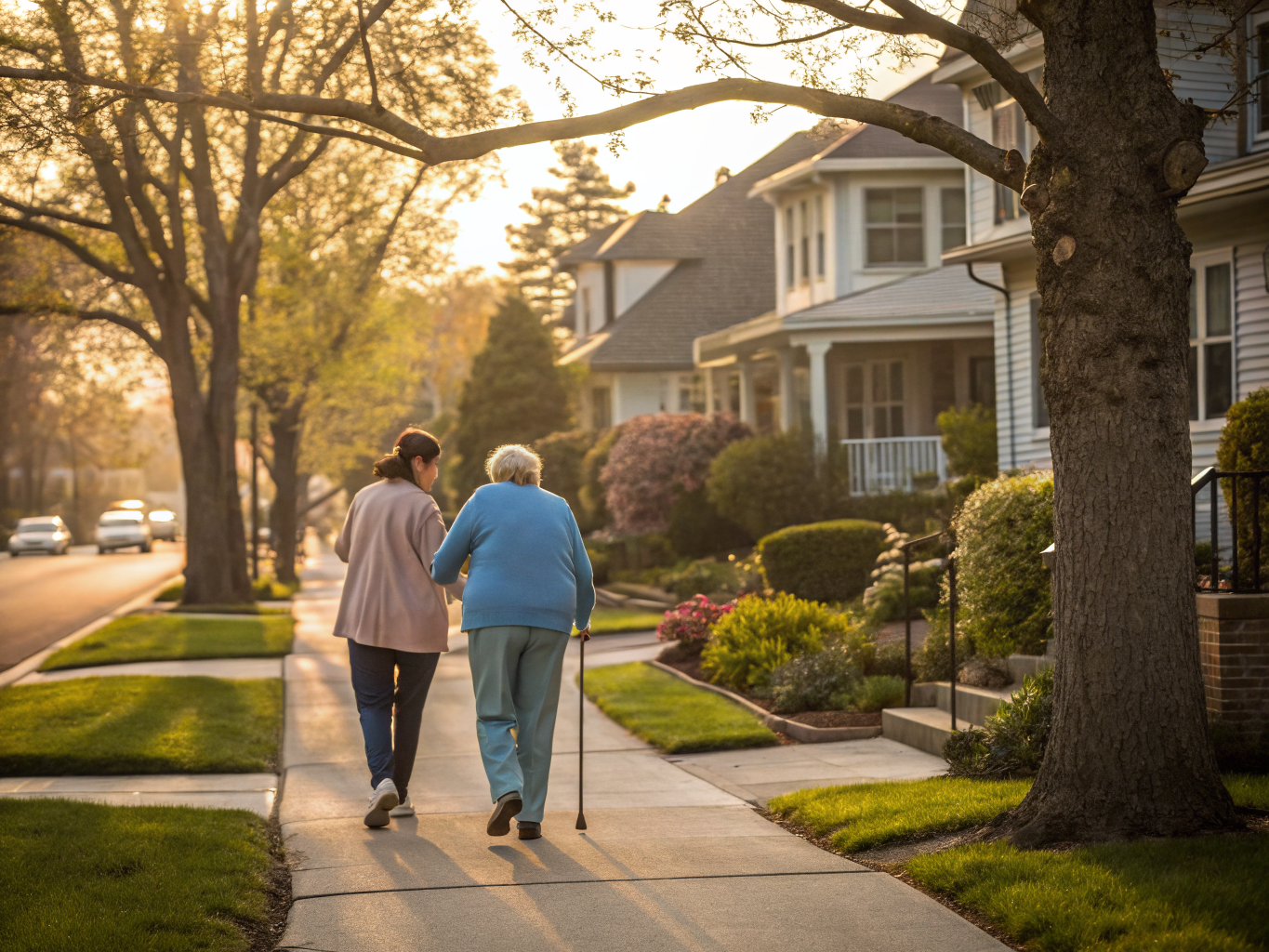 Home health aide walking with a senior resident in Hillside NJ Union County