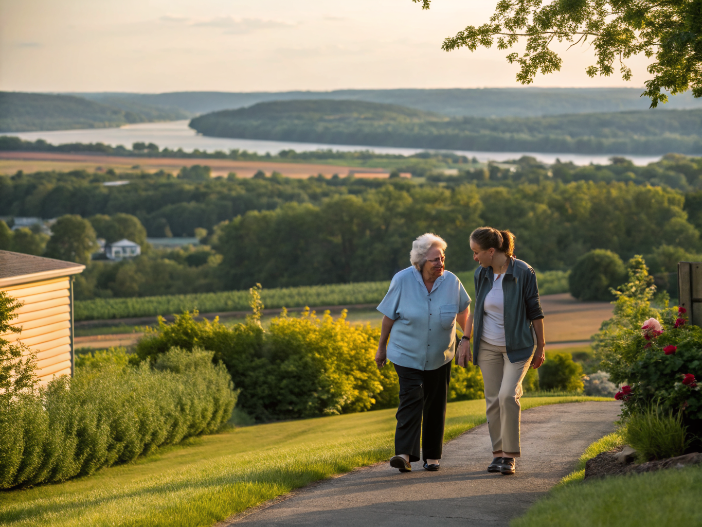 Home health aide walking with a senior resident in Holland Township NJ Hunterdon County