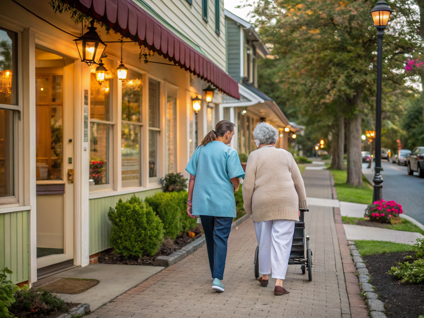 Home health aide walking with a senior resident in Hopewell Borough NJ Mercer County