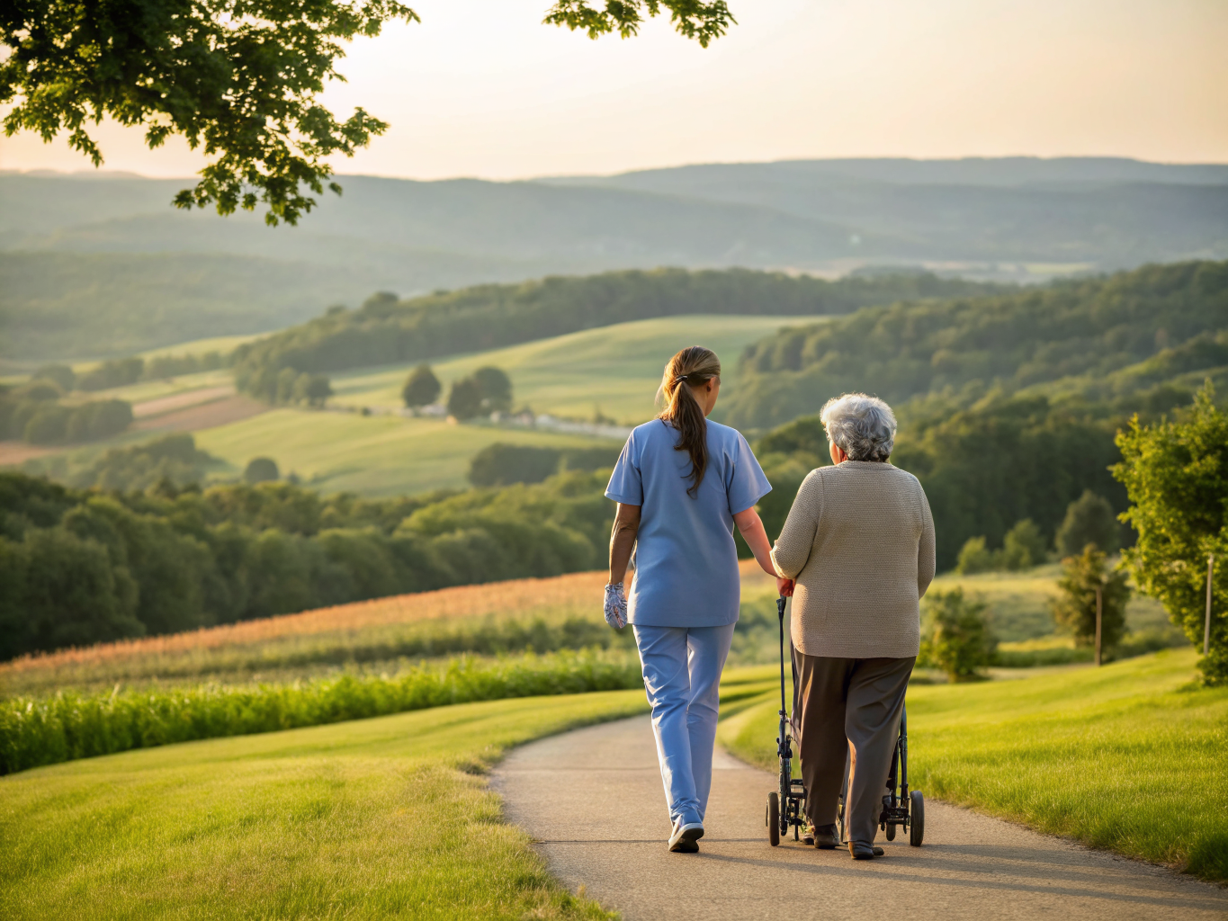 Home health aide walking with a senior resident in Hopewell Township NJ Mercer County