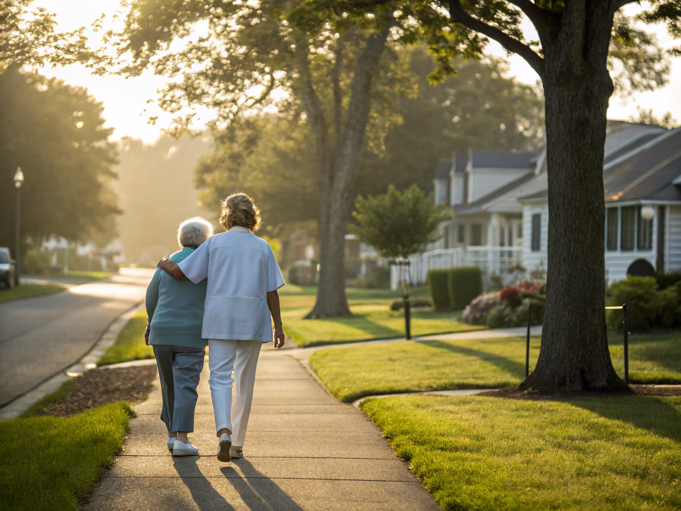 Home health aide walking with a senior resident in Jackson NJ Ocean County