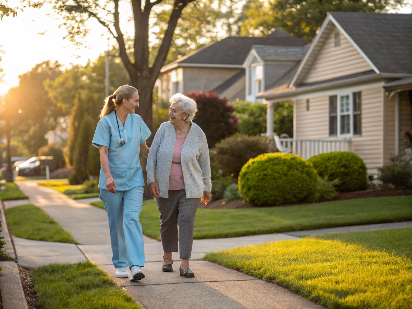 Home health aide walking with a senior resident in Kenilworth NJ Union County