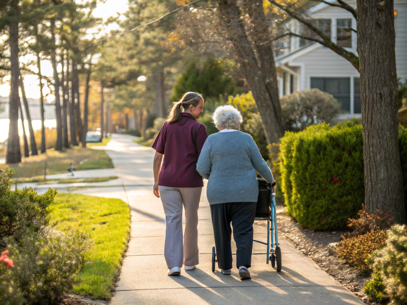 Home health aide walking with a senior resident in Lacey Township/Forked River NJ Ocean County