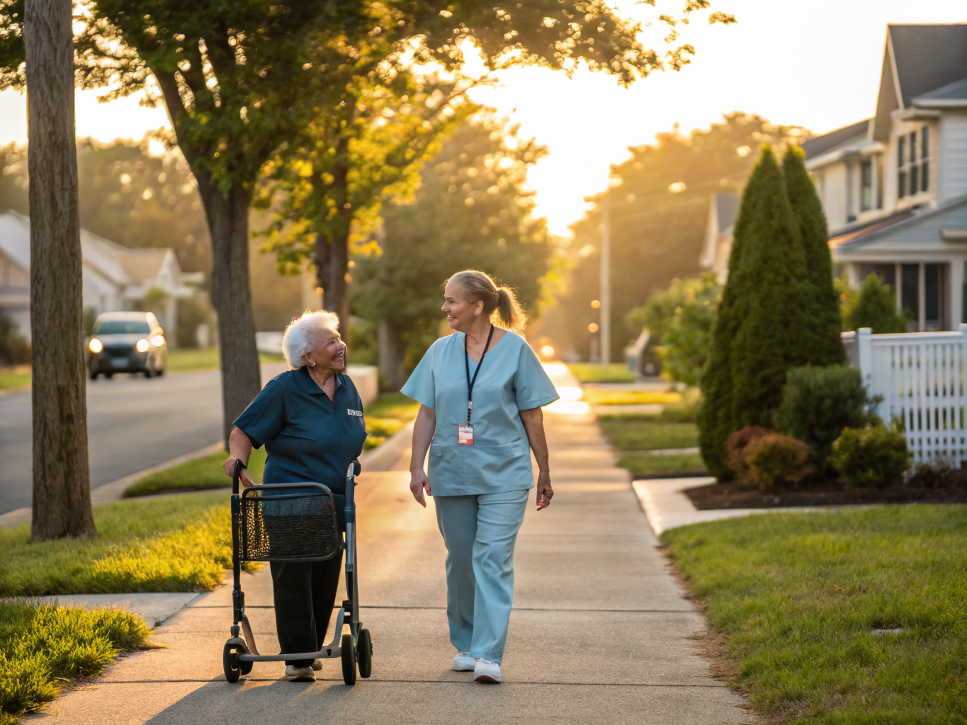 Home health aide walking with a senior resident in Lakewood NJ Ocean County