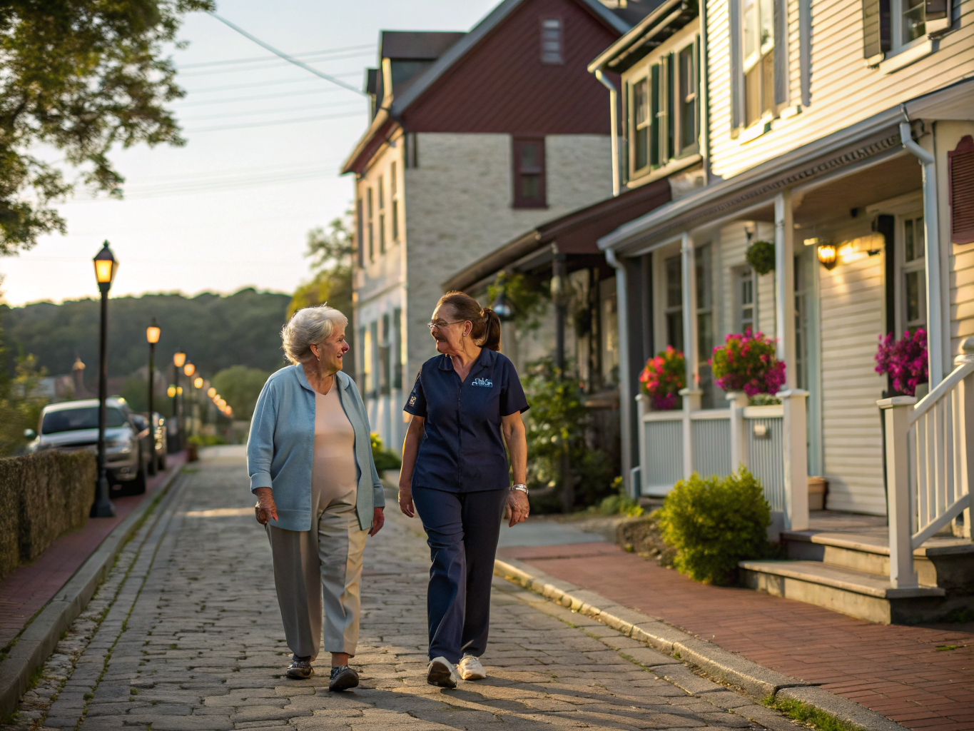 Home health aide walking with a senior resident in Lambertville NJ Hunterdon County