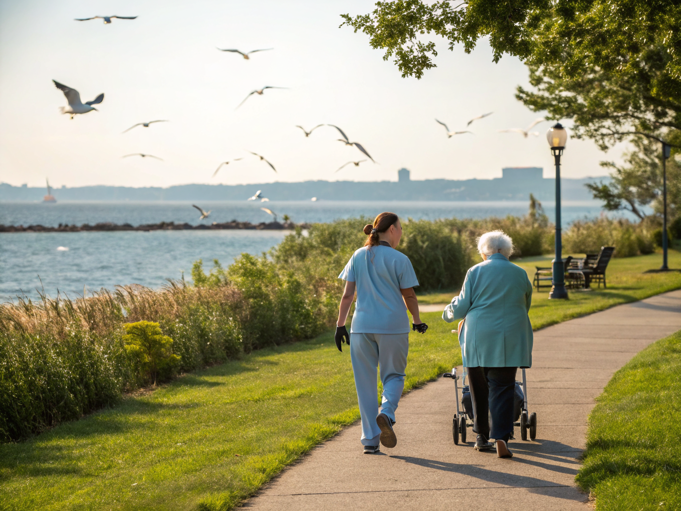 Home health aide assisting a senior resident in Laurence Harbor NJ Middlesex County