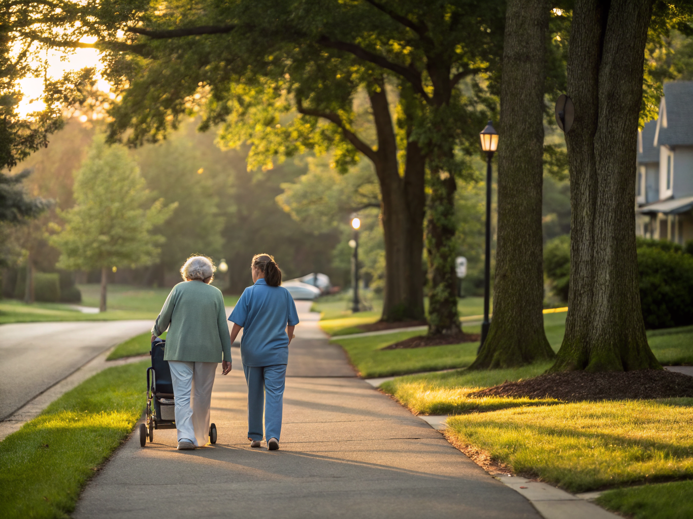 Home health aide walking with a senior resident in Lawrence Township NJ Mercer County
